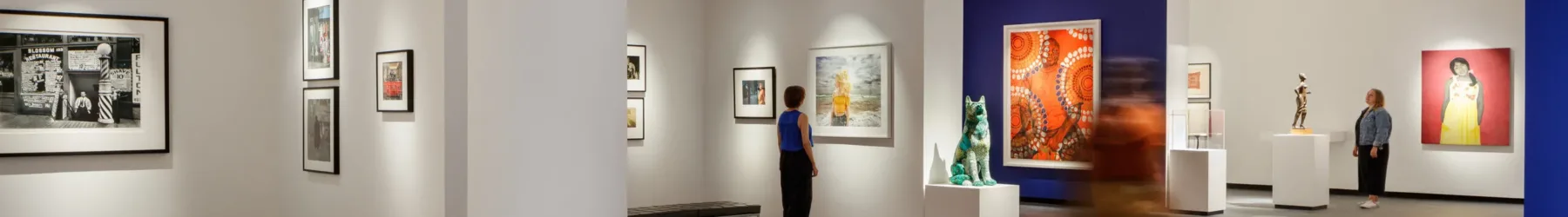 A modern museum gallery is photographed at a wide angle. It features several inset bays in which art of various sizes and mediums is hung. Visitors walk through the galleries and observe the works.