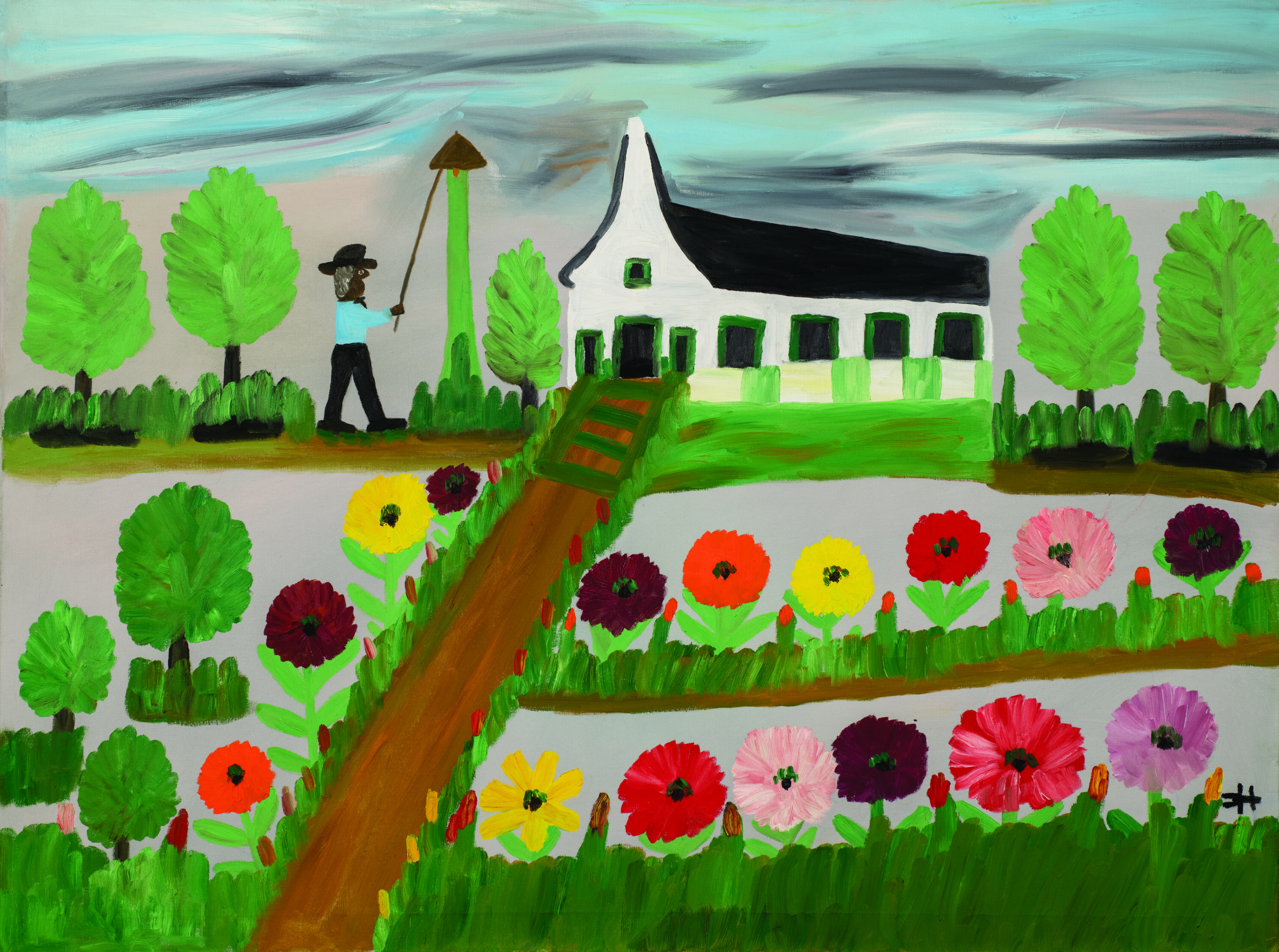 A painting in a folk or simple style features a dark-skinned person with a black hat ringing a bell in front of a white church with a black roof. The church is surrounded by greenery, and on either side of a brown path leading out of the church are vibrant yellow, red, pink, and orange flowers.