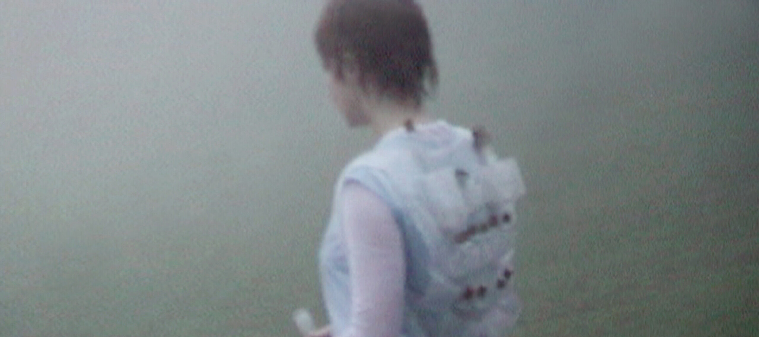 A hazy color photograph of a figure in white walking through a misty landscape. The figure is carrying a translucent backpack filled with bottles.