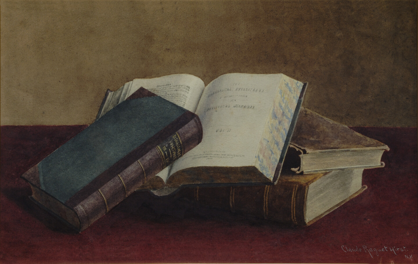 A stack of books sitting on a red tabletop in front of a speckled brown background. One of the books is flipped open with another closed book keeping it open.