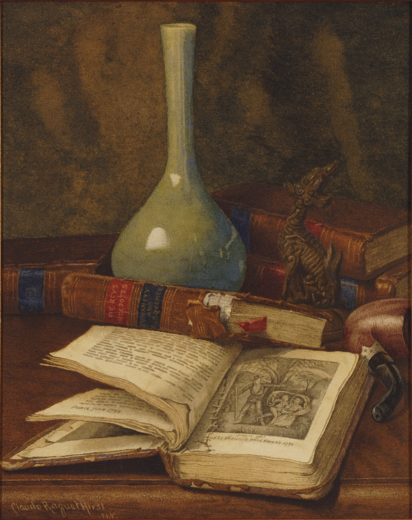 A cluttered tabletop is strewn with books, a small sculpture, a vase, and a tobacco pipe. At the center, there is a book flipped open to an illustration. Parts of the pages are torn.