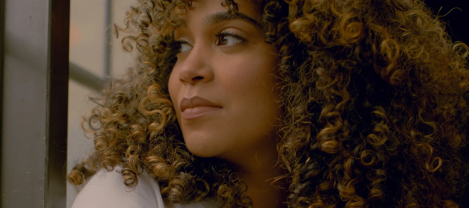 A dark-skinned woman with shoulder-length curly hair sits or stands in front of a window, looking over her shoulder and out of it. The light is somewhat dim. She wears a white button-up short sleeved shirt.