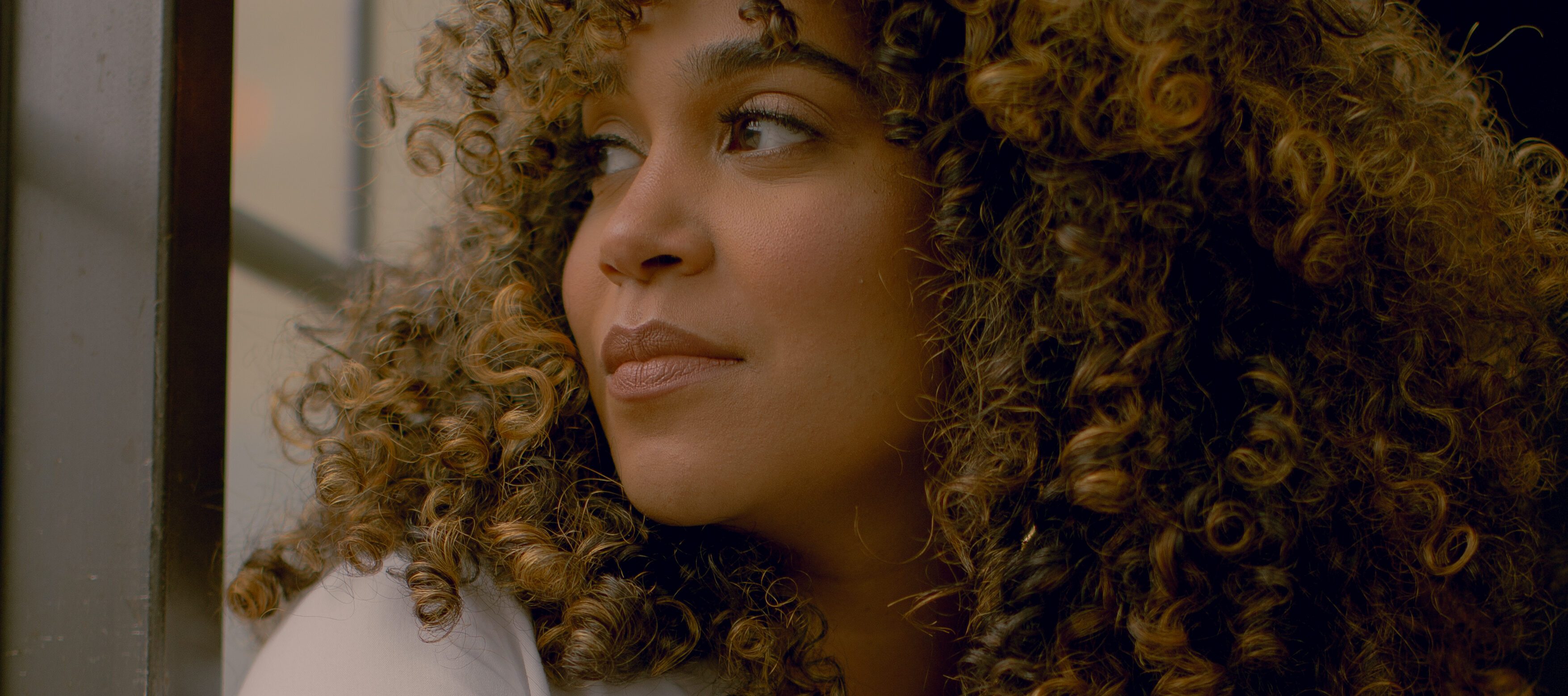 A dark-skinned woman with shoulder-length curly hair sits or stands in front of a window, looking over her shoulder and out of it. The light is somewhat dim. She wears a white button-up short sleeved shirt.