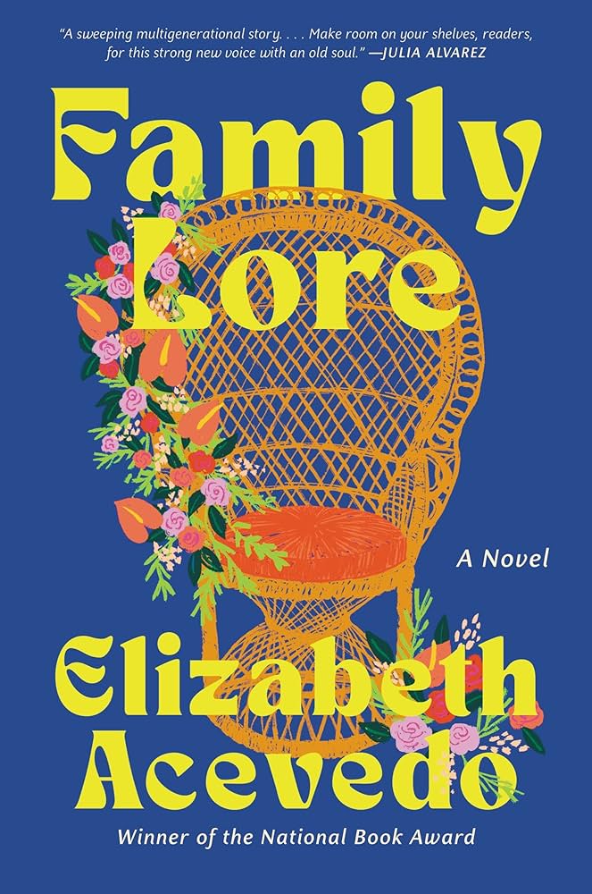 A bright blue book cover features the illustration of a wicker throne, one side decorated in a lush bunch of flowers. The title and author’s name are prominently displayed in big, yellow text.
