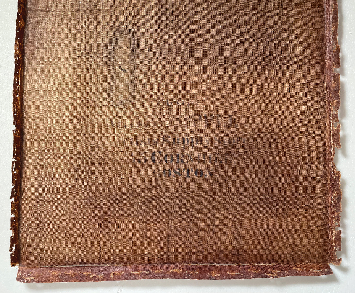 A close-up view of a painting’s weathered back canvas shows a faded stencil of black lettering, which reads, “From / M.J. Whipple’s / Artists Supply Store / 35 Cornhill / Boston”