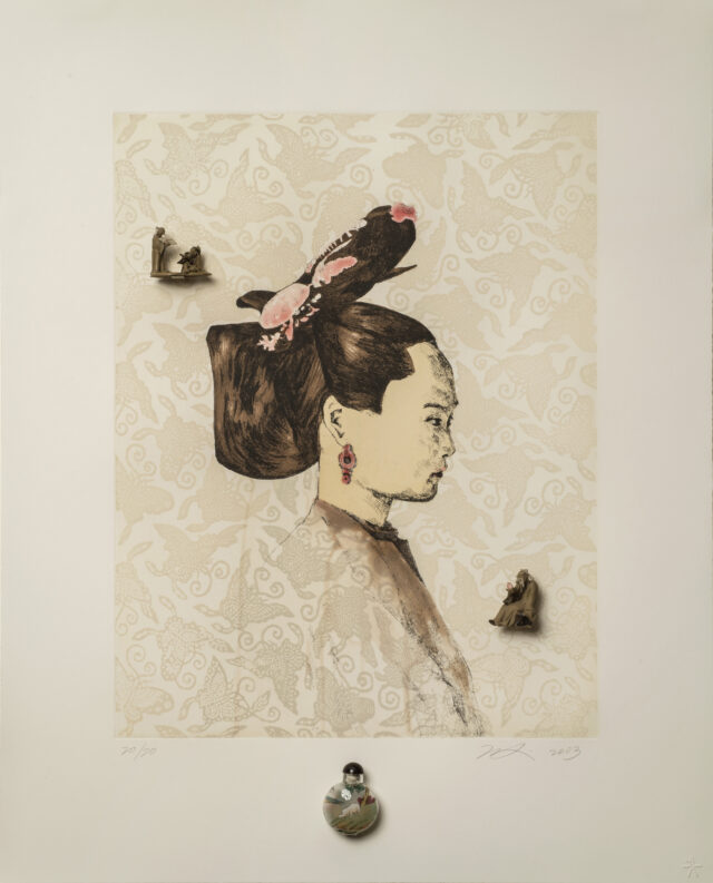 A woman wearing an elaborate hairstyle and earrings is seen in profile against a cream background and outlines of butterflies. A decorative glass bottle and two miniature ceramic sculptures of male figures are attached to the surface of the print.