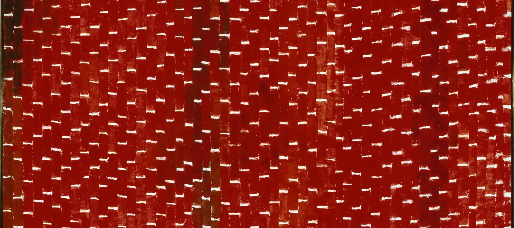 Painting features vertical tile-shaped brushstrokes in various shades of red separated by horizontal white lines. Creating a rhythmic and mosaic-like pattern that resembles stitching, the white lines create stair steps in the lower right corner, separating as they move towards the center.