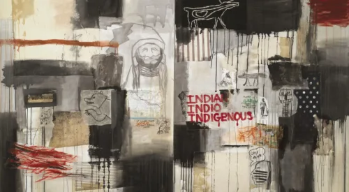 A horizontal canvas combines collaged paper, such as a scrap of a U.S. map, comic strip, and pictographs; cloth swatches; scrawled and dripped paint; and phrases like “It takes hard work to keep racism alive” and “Oh! Zone.” The work’s title appears in red paint right of center.