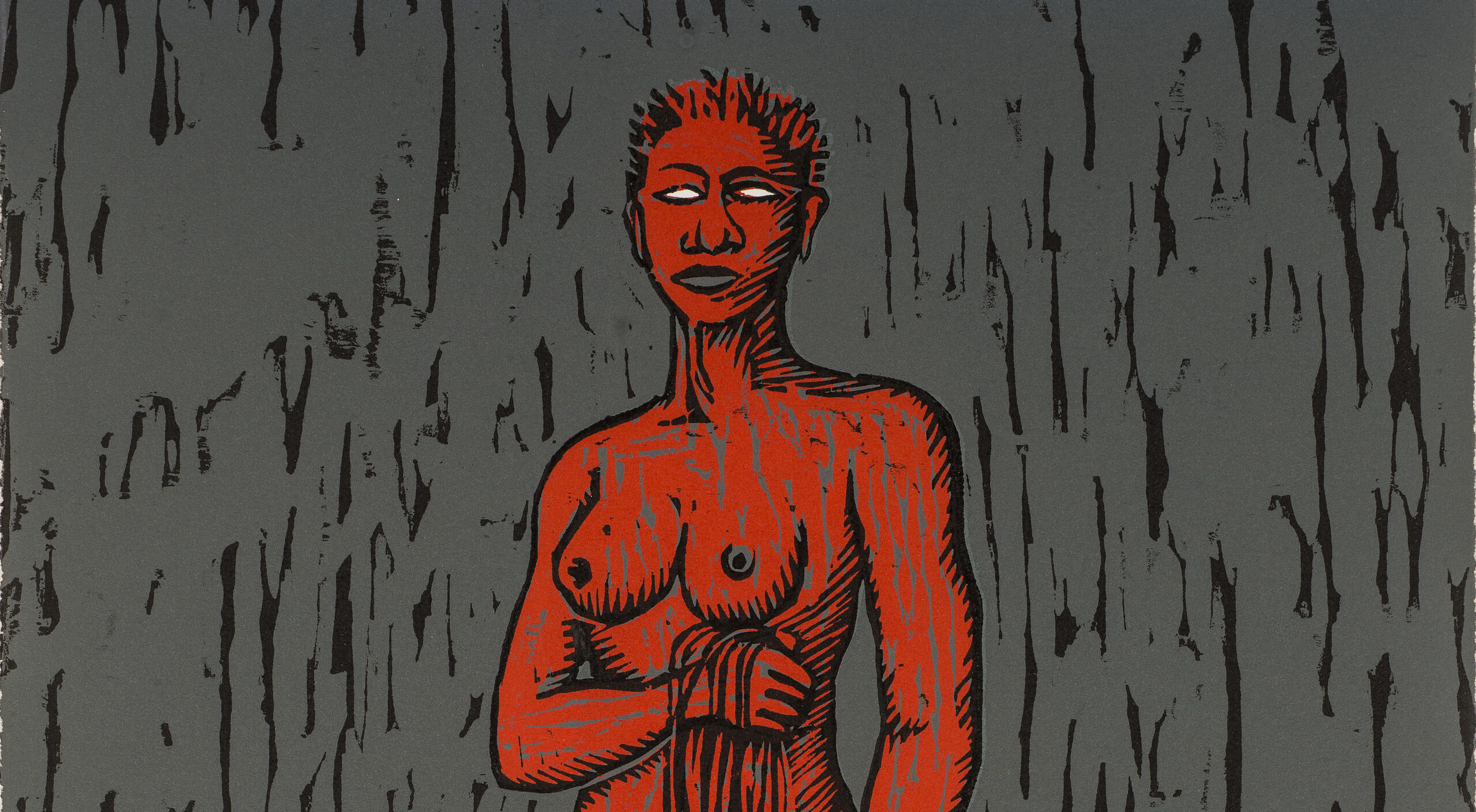 A red, nude, adult female figure with white eyes and short-cropped hair stands in a pile of long, dark hair while holding long strands of dark hair in her right hand. In her left hand is a white blade. The background is gray with choppy, vertical, black lines.