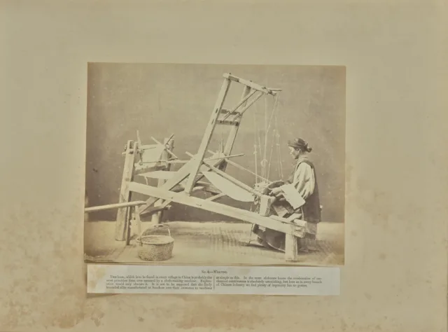 A black-and-white image shows a woman in profile weaving on a traditional wooden loom. She wears a head wrap, and her sleeves are rolled to her elbows.