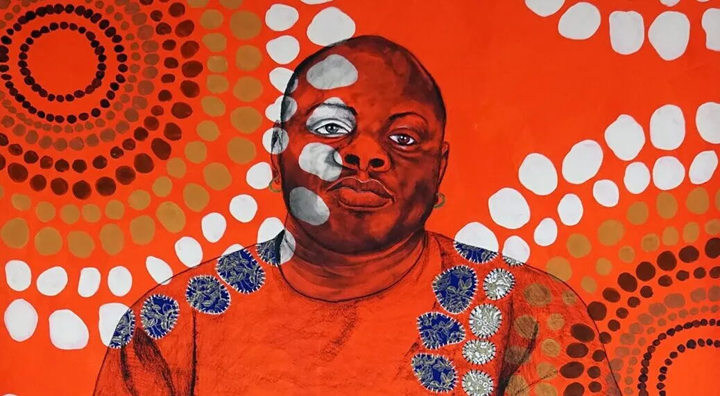 In this mixed-media painting, awash in bright orange, a seated, heavy-set, dark-skinned man stares confidently at the viewer. An overlaid pattern of white, blue, and brown circles covers him and the background.