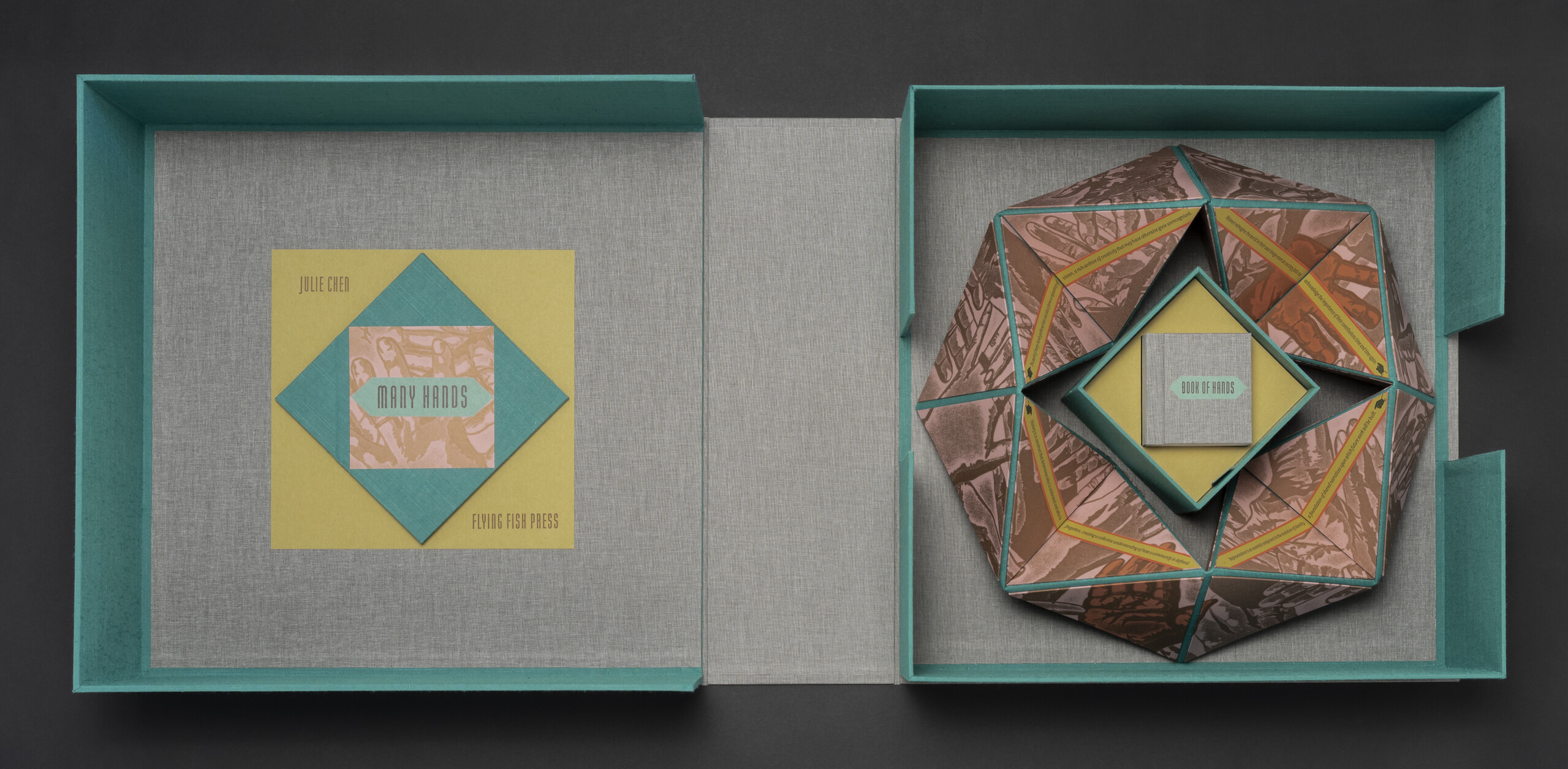 A artist's book made of a teal and grey box, inside of which nests a yellow, teal, brown, and pink geometric form holding a very small grey book with the words Book of Hands.