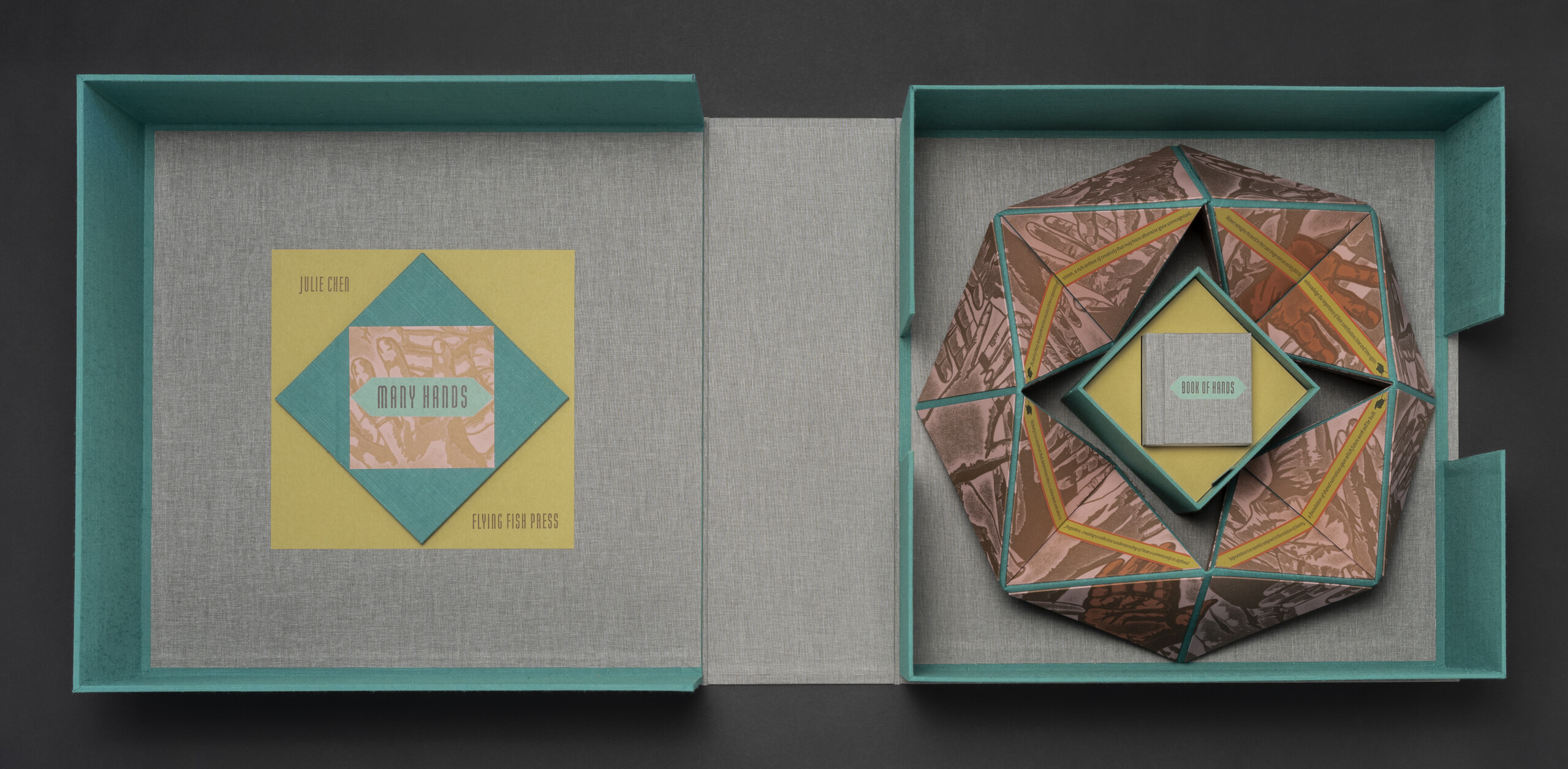 A artist's book made of a teal and gray box, inside of which nests a yellow, teal, brown, and pink geometric form holding a very small grey book with the words "Book of Hands."