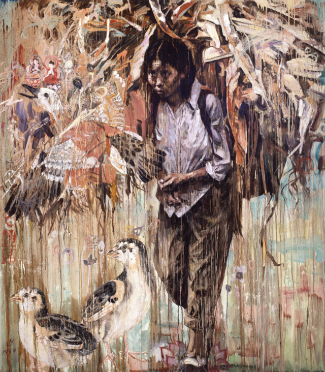 In a painting whose surface is richly textured with drip marks, a young woman wears a loose, white button-up shirt, loose khaki pants, sneakers, and a backpack. Several large black-and-white birds stand or fly around her. On her back, a large cluster of thick brushstrokes resembles corn stalks.