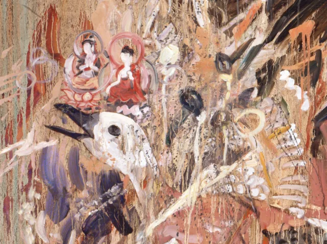 A painting features a large head of a bird with a white face and black beak with two smaller seated figures above set against an abstract and richly textured, earth-toned background.