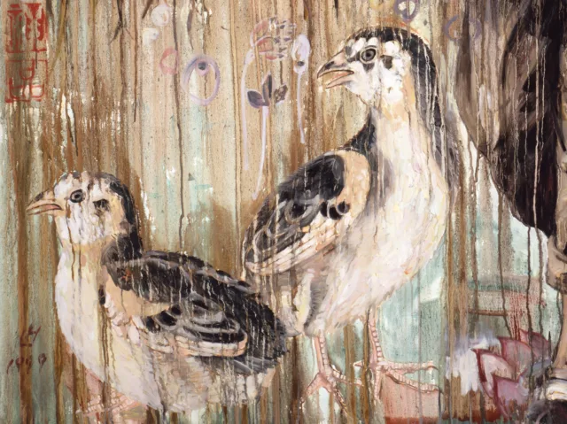 A stylized painting of two birds with beige, black, and white feathers against a muted background with layered textures of dripping paint.