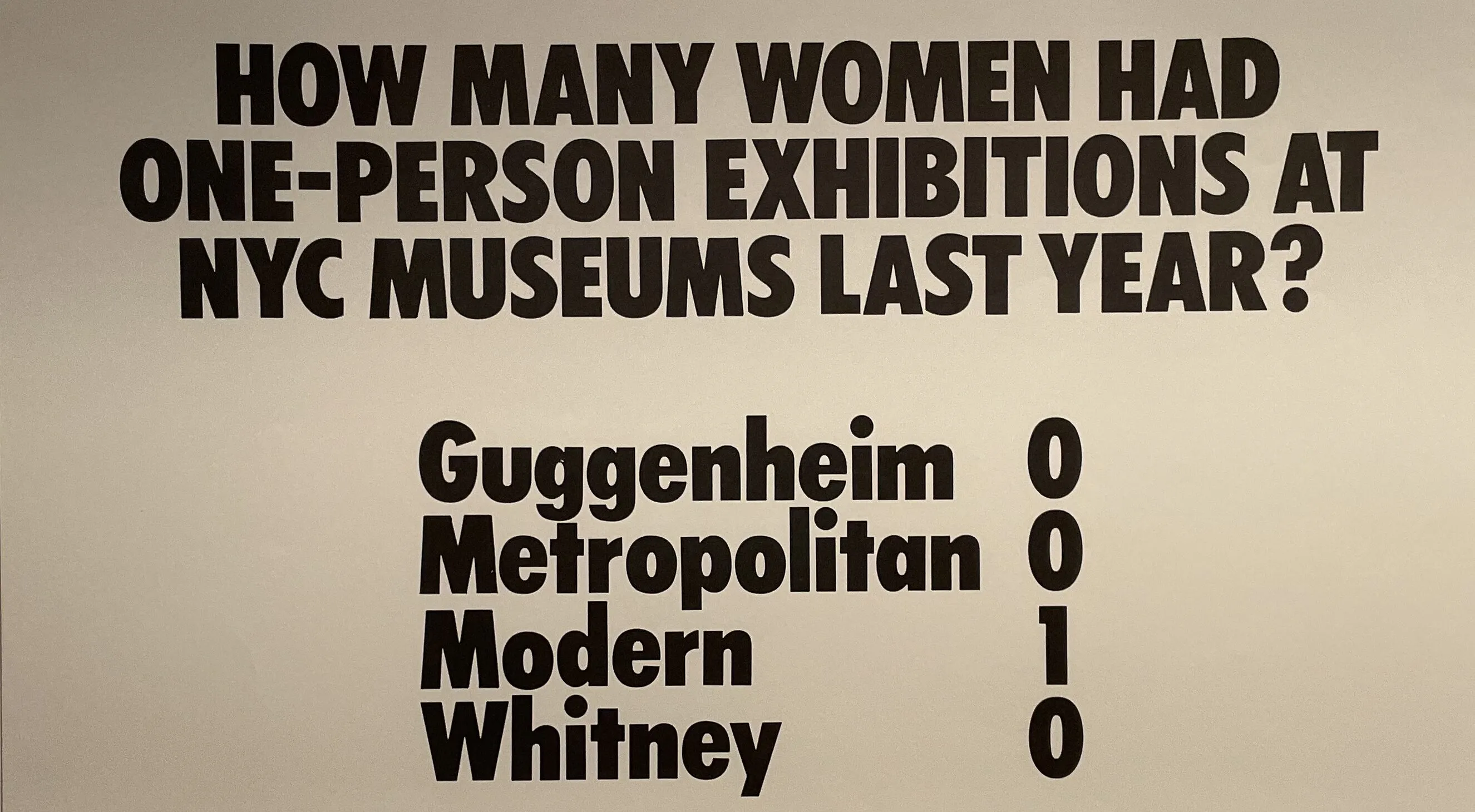 Art print with black text on a white background. Large text at the top reads, "How many women had one-person exhibitions at NYC museums last year?" A table below reads, "Guggenheim 0 Metropolitan 0 Modern 1 Whitney 0" At the bottom of the print reads "Source Art in America Annual, 1985-86" "A public service message from Guerrilla Girls Conscience of the Art World"