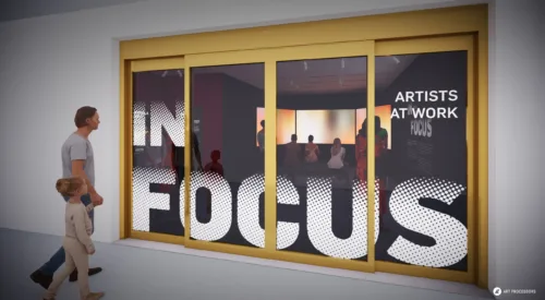 A rendering of the gallery entrance of sliding glass doors with gold rim and the words "In Focus: Artists at Work" in white. A light-skinned man holding the hand of a light-skinned young girl walk toward the entrance. Beyond the glass doors, there are people watching three large video screens. Art Processors' logo is in the bottom right corner.