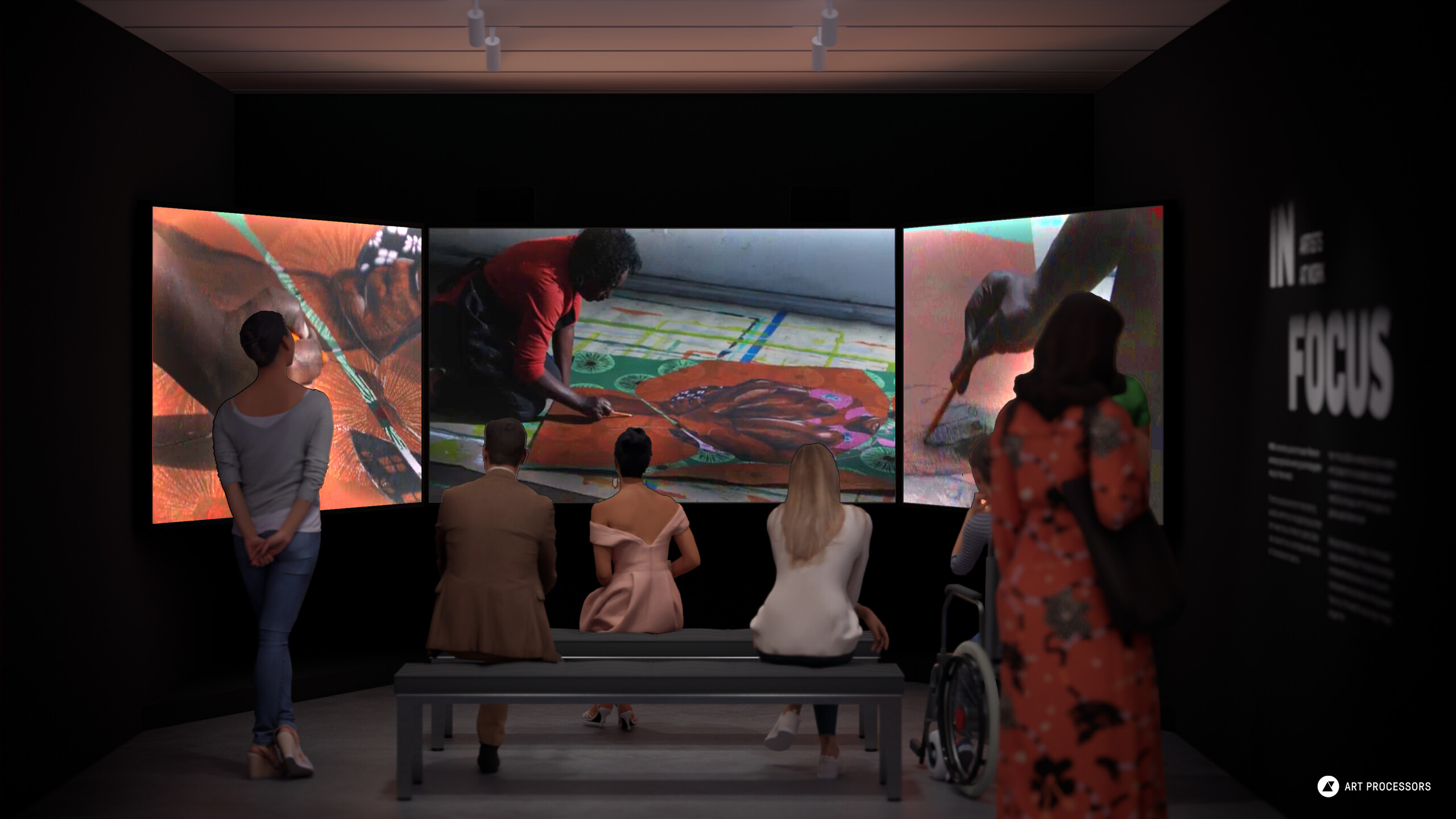 A rendering of a gallery space with three large screens playing a video of an artist working in her studio. Six people are facing away to watch the video screens. Three people are sitting on benches; the person on the right is in a wheelchair; the person on the left is standing; and another person stands on the right to read the introductory text that reads "In Focus." Art Processors' logo is in the bottom right corner.