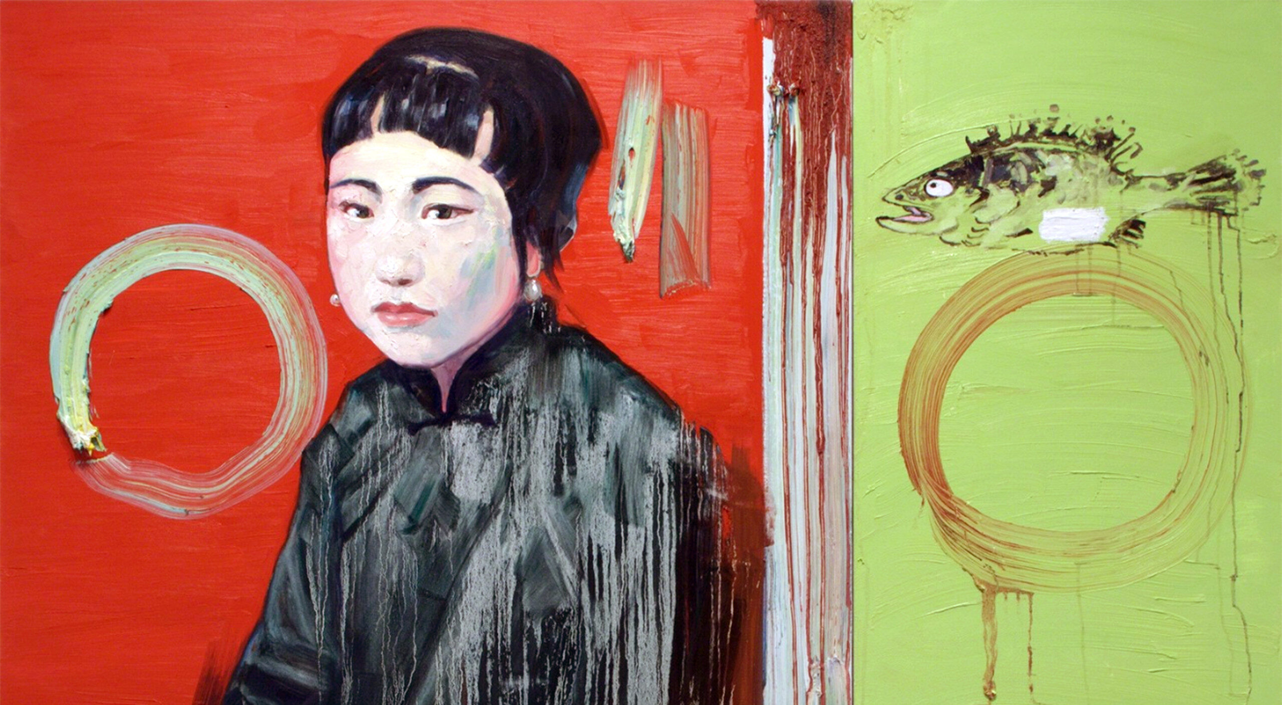 A painting of a light-skinned woman of Asian descent atop complementary colors of orange-red next to lime green. The shorthaired woman holds a pink handkerchief. To her right is a sad looking fish.