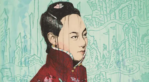 A light-skinned Chinese woman with dark hair is depicted in 3/4 view in front of a teal blue background. She wears a red traditional dress.