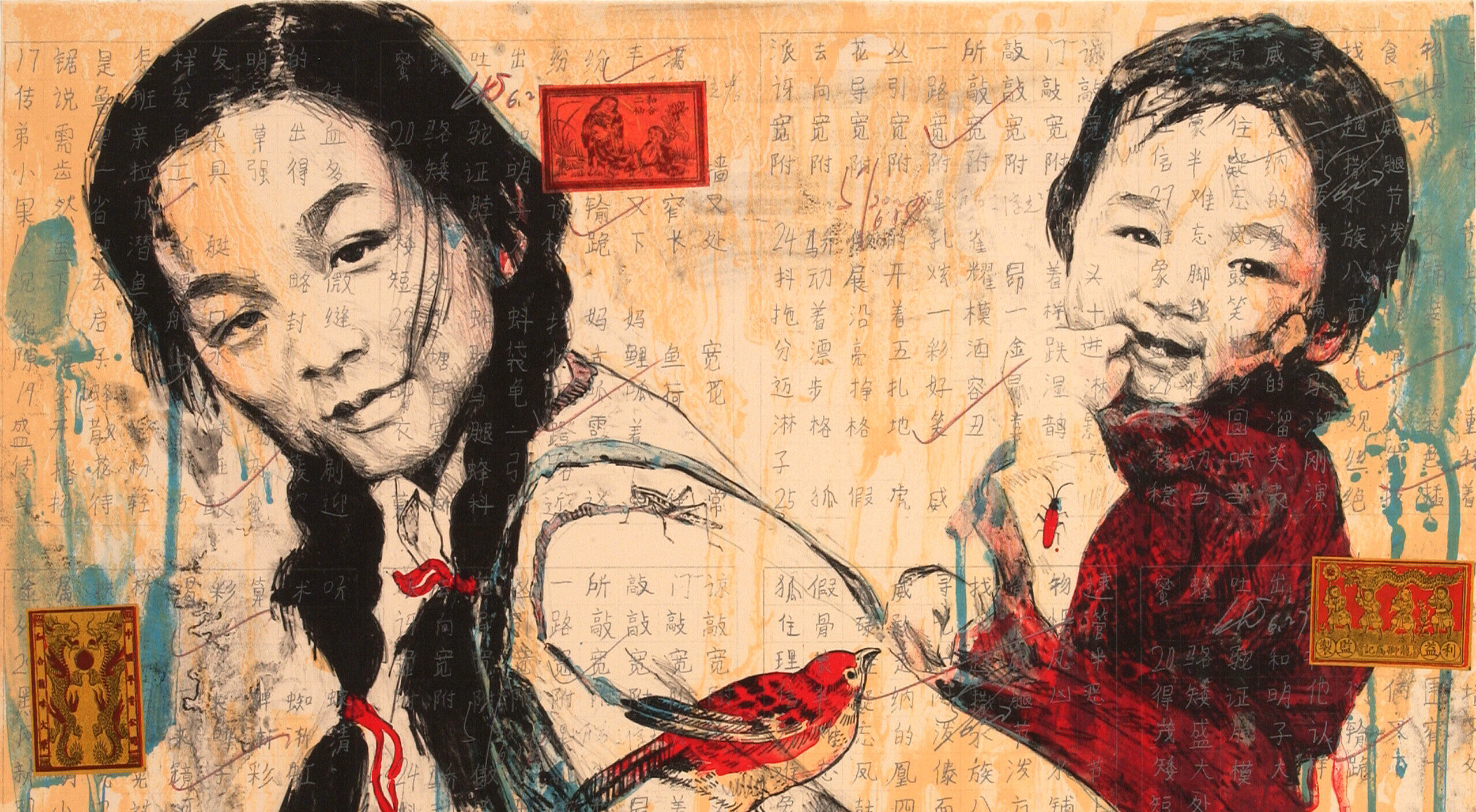 Two smiling Chinese girls with light skin and black hair painted on a collage of Chinese writing, small red envelopes, a red bird and bug, and blue paint drippings. The older girl, seen waist up, wears her hair in two braids and carries the younger girl in crimson clothes on her back.