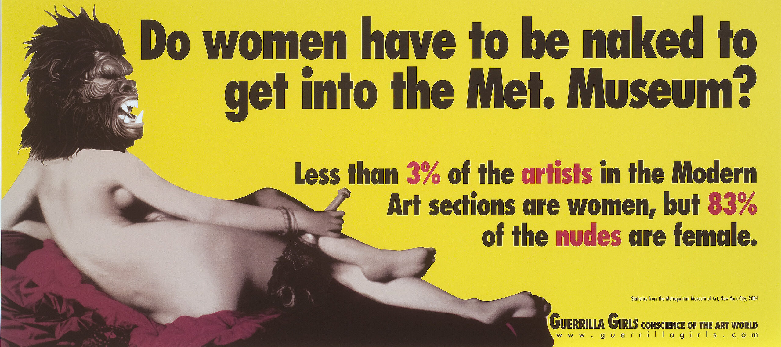 Reclining light skinned nude woman seen from behind wearing a gorilla mask on bright yellow background. Large black text reads, "Do women have to be naked to get into the Met. Museum?" Smaller black and red text reads, "Less than 3% of artists in the Modern Art sections are women, but 83% of the nudes are female."
