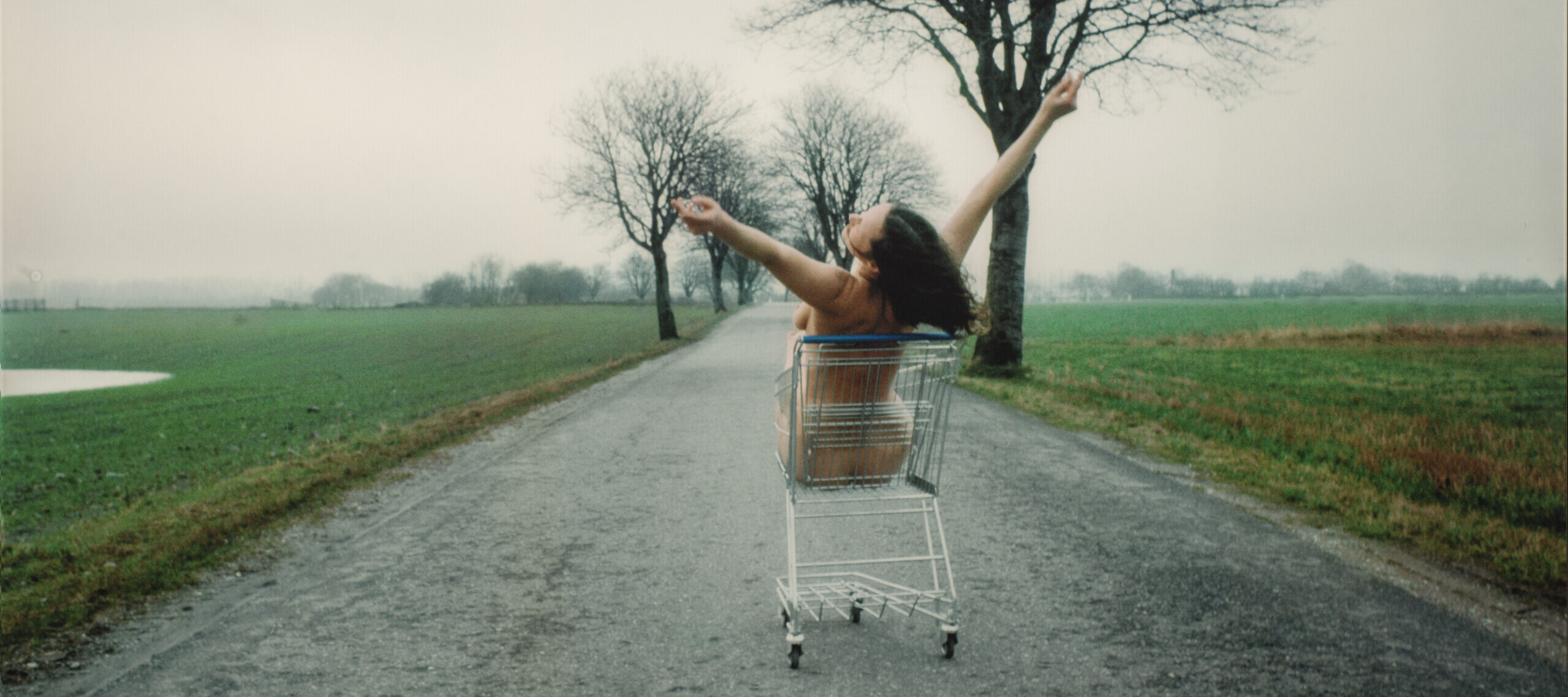 A photograph shows the nude artist sitting in a metal grocery cart. It is located on a paved road in a flat, empty landscape under a gray, misty sky. Her back to the viewer, the light-skinned, brunette woman holds her raised arms in a wide V-shape, suggesting joy or abandon.
