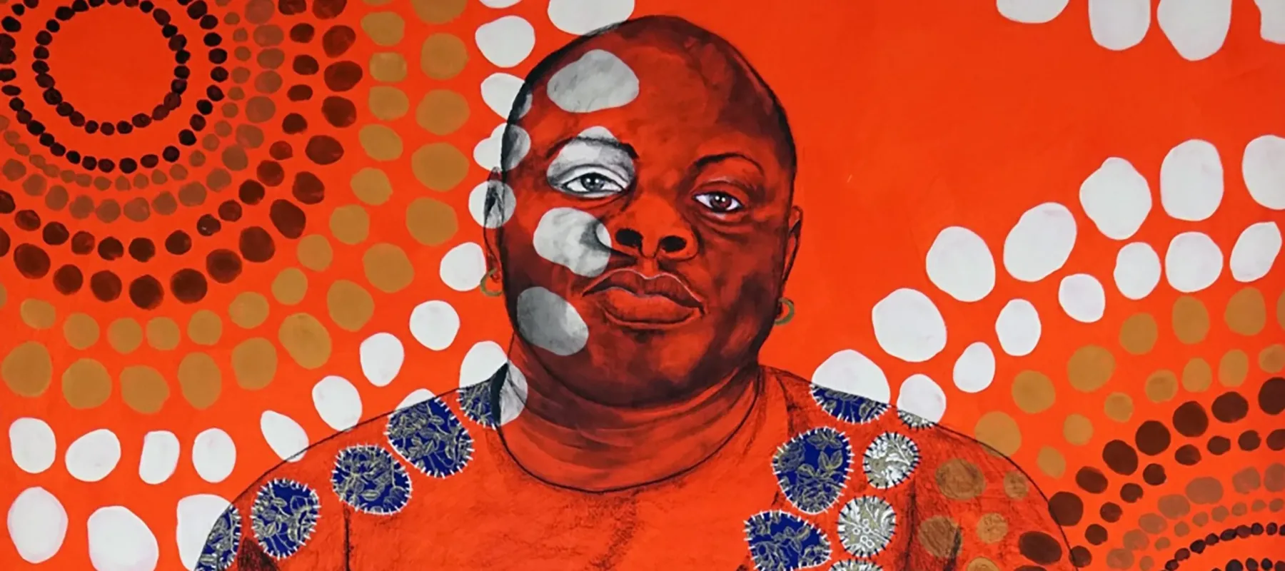 In this mixed-media painting, awash in bright orange, a seated, heavy-set, dark-skinned man stares confidently at the viewer. An overlaid pattern of white, blue, and brown circles covers him and the background.