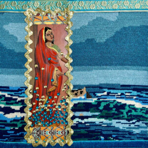 A mixed media work that uses a vintage needlepoint depicting the ocean and sky as its base. Layered over the needlepoint is an image of a standing dark-haired woman wearing a sari. Her lower half is covered in blue and gold rhinestones.