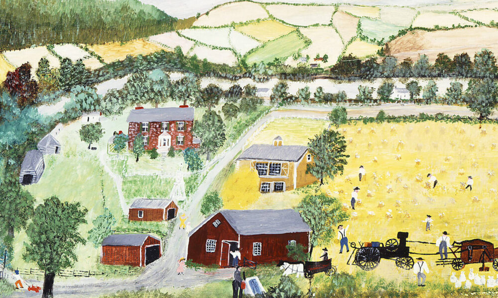 Bucolic landscape rendered in a naive, folk-style of painting. The horizontal composition features a patchwork of yellow and green fields on rolling hills set against a blue-gray sky. In the foreground study farm buildings surround small figures tending to the land.