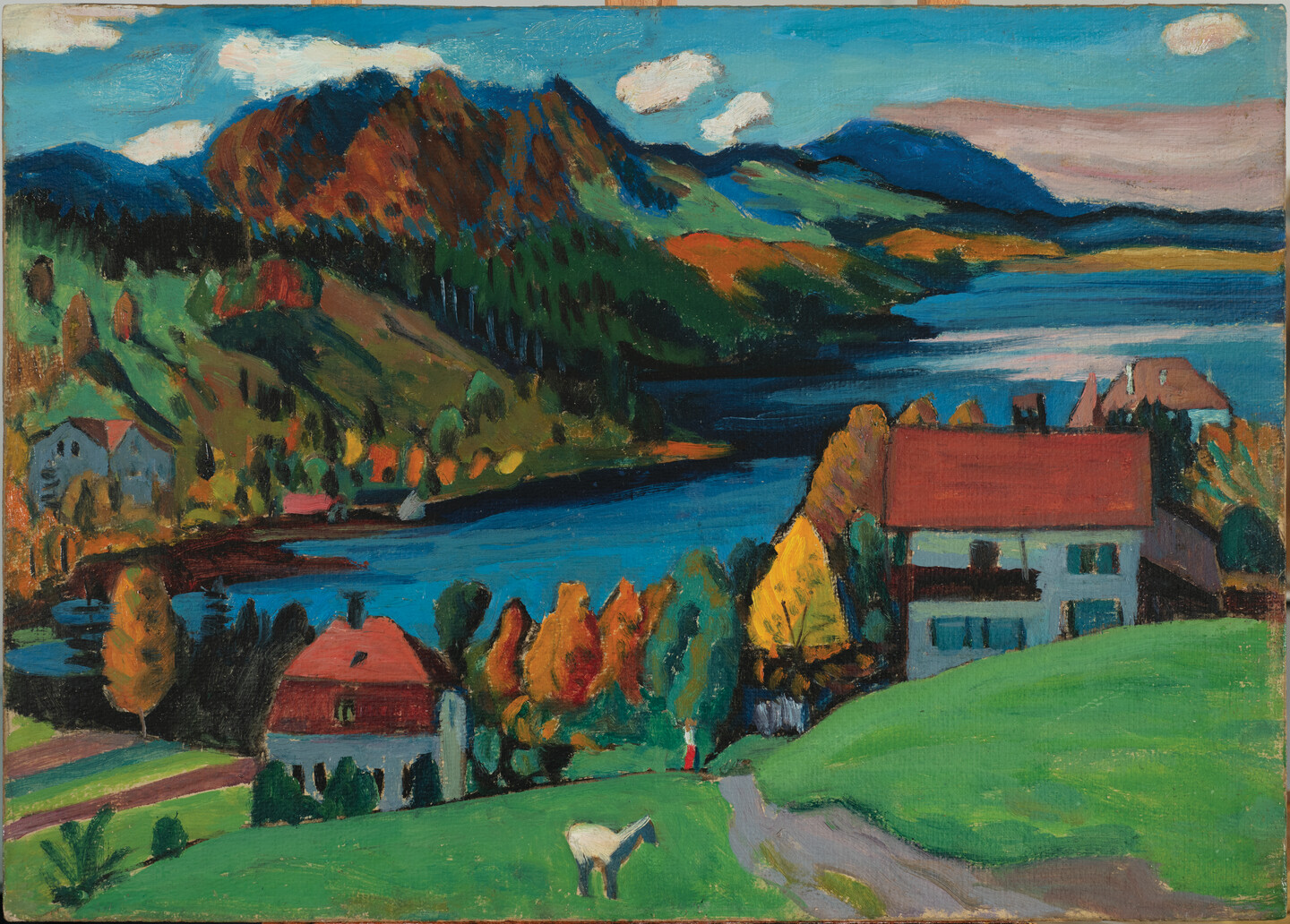 An Expressionist oil painting depicting a large lake nestled into a mountainous landscape. There is a forest of trees with red, yellow, and orange leaves. On the far shore of the lake are houses and other buildings. In the foreground, a single sheep is grazing in front of two houses.