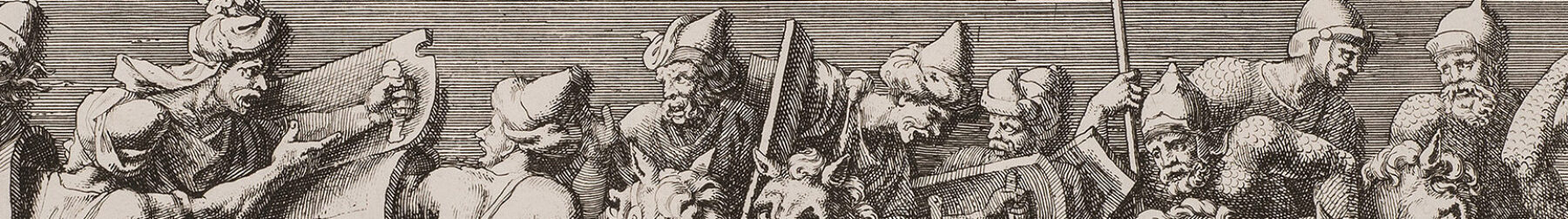 A black-and-white, horizontal print depicts multiple Roman-style male figures on horseback. They hold weapons or brass musical instruments and process, somewhat chaotically, towards the viewer's right.