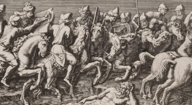 A black-and-white, horizontal print depicts multiple Roman-style male figures on horseback. They hold weapons or brass musical instruments and process, somewhat chaotically, towards the viewer's right.
