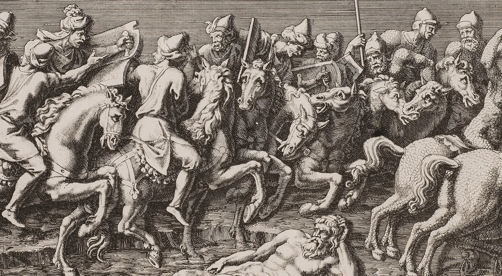 A black-and-white, horizontal print depicts multiple Roman-style male figures on horseback. They hold weapons or brass musical instruments and process, somewhat chaotically, towards the viewer's right.