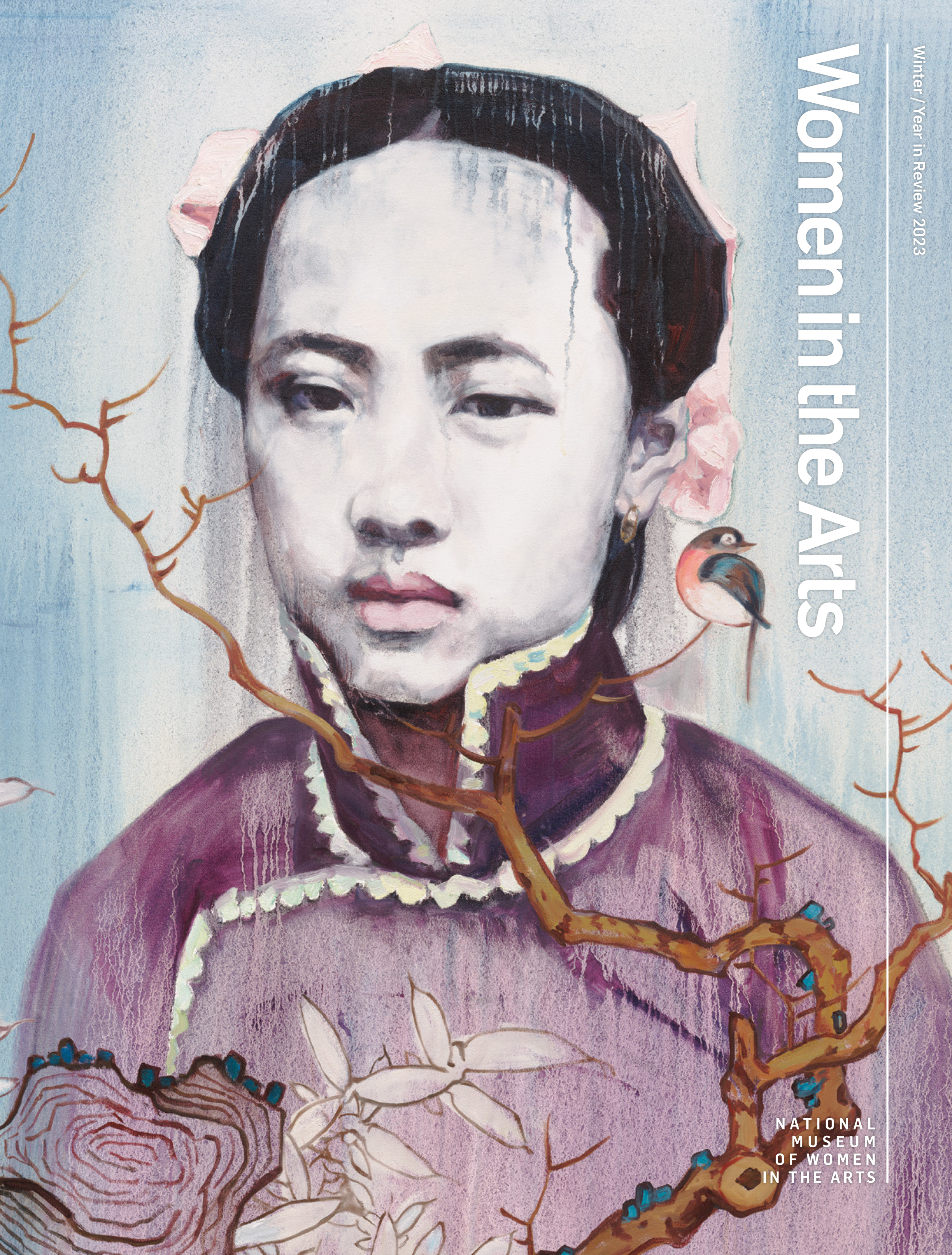 A magazine cover with a painting with layered, dripping textures shows a Chinese woman with dark hair wearing a traditional dress. She gazes toward the viewer. In front of her, a tree branch extends upward, and a bird perches on its tip.