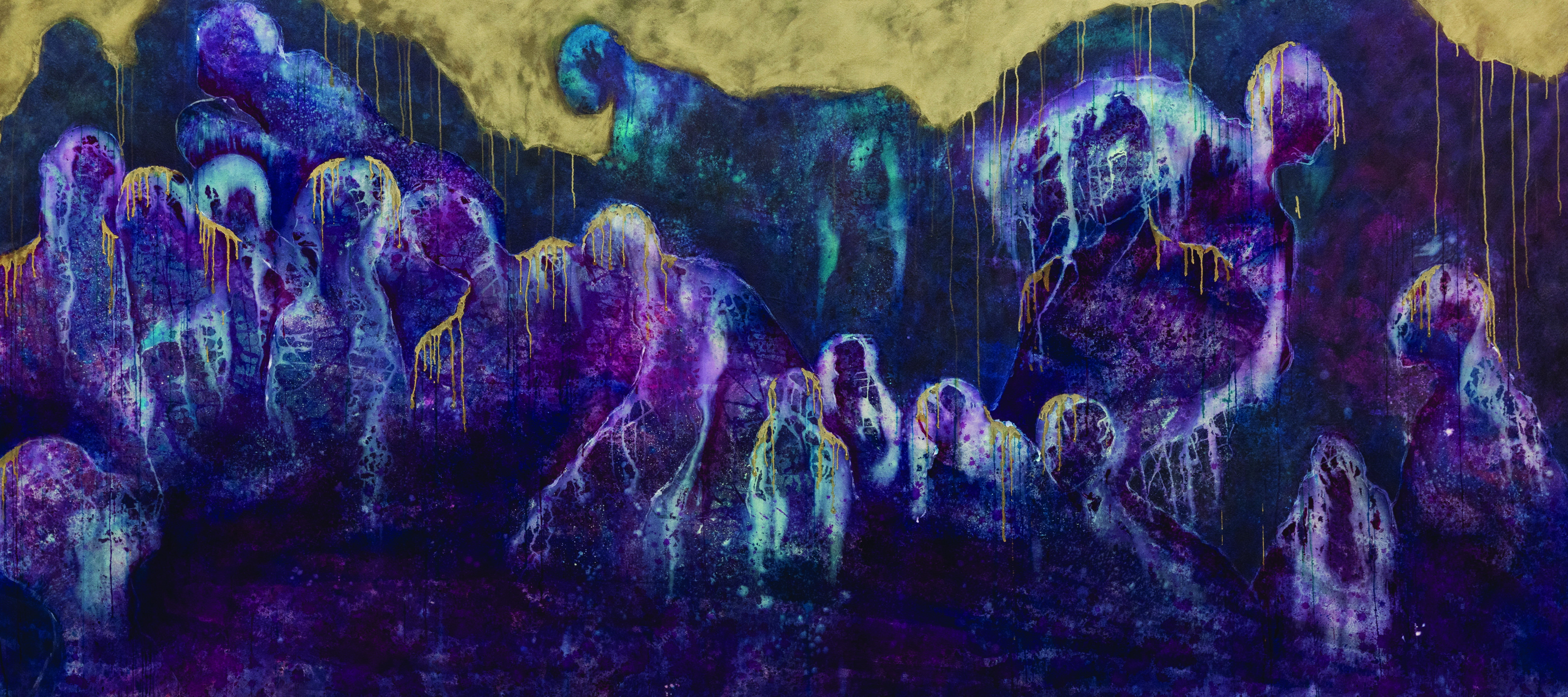 A wide abstract painting with undulating masses of purple, teal, dark navy, and black with gold drips.