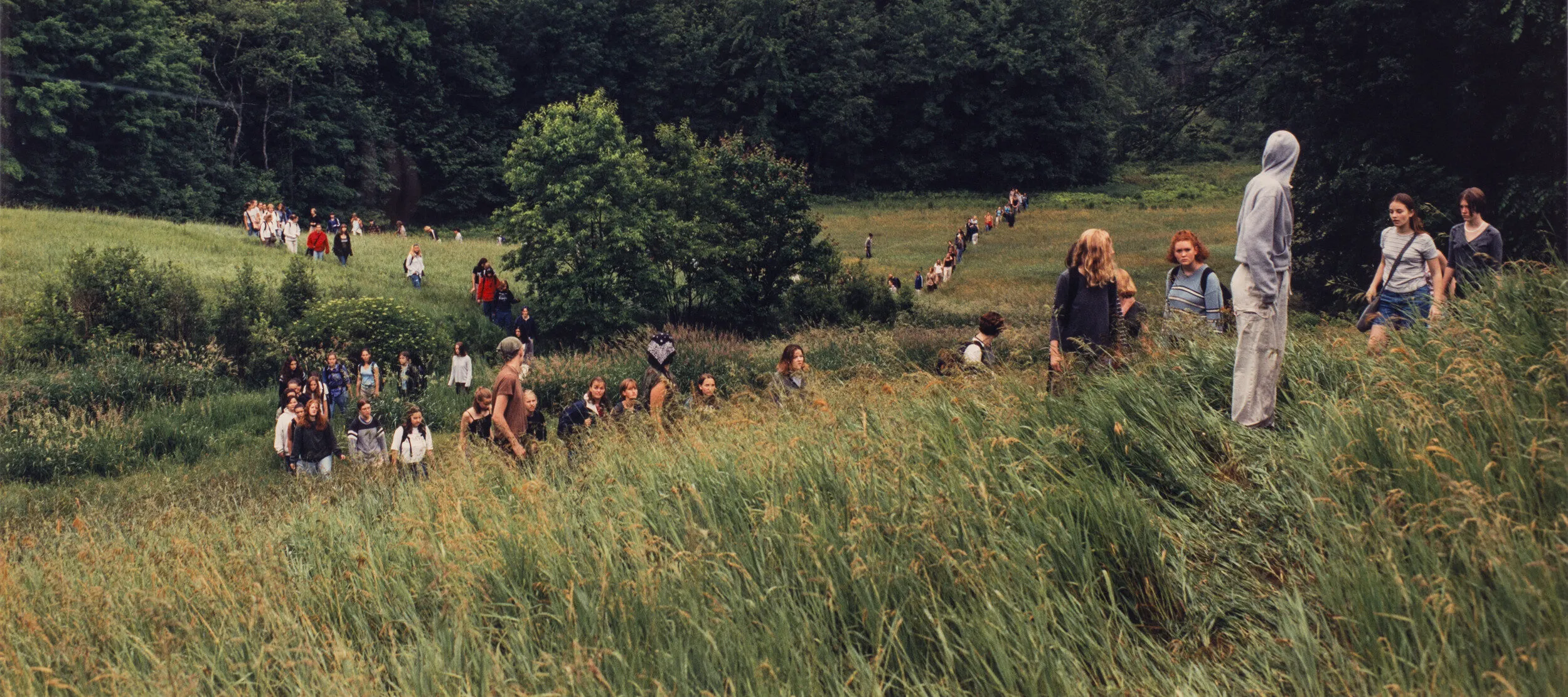 A landscape photograph featuring a field of tall green grass surrounded by leafy trees and a grey sky. A large group of people of varying ages traverse the field on foot. In the background the people form two lines, and a smaller group is congregated in the foreground.