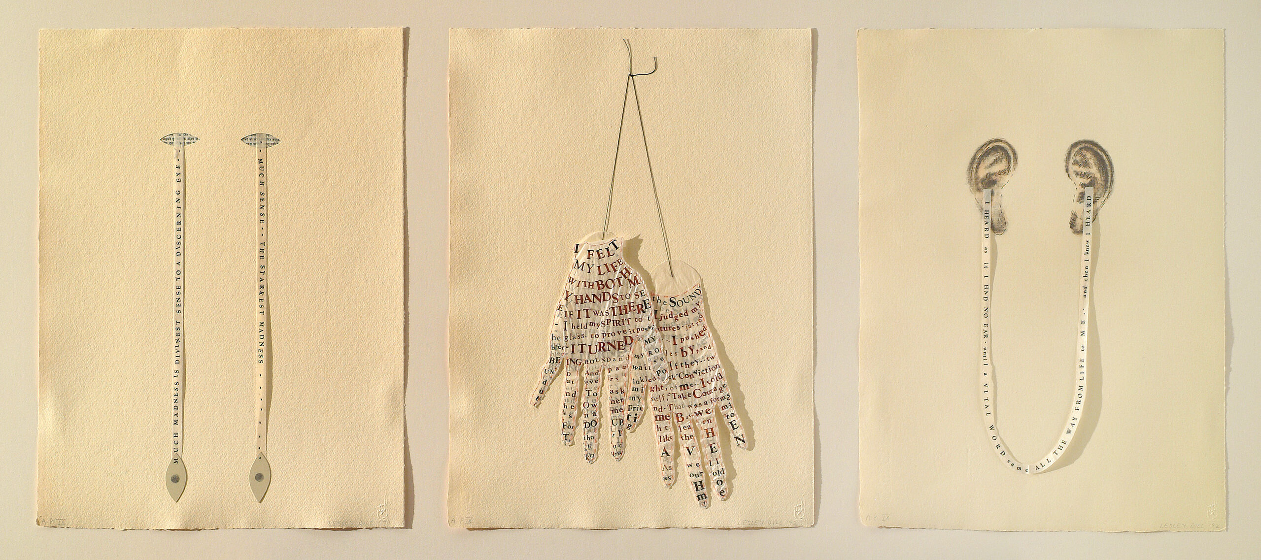 Three side-by-side works on vanilla-colored paper features eyes, hands and ears with words printed on them.