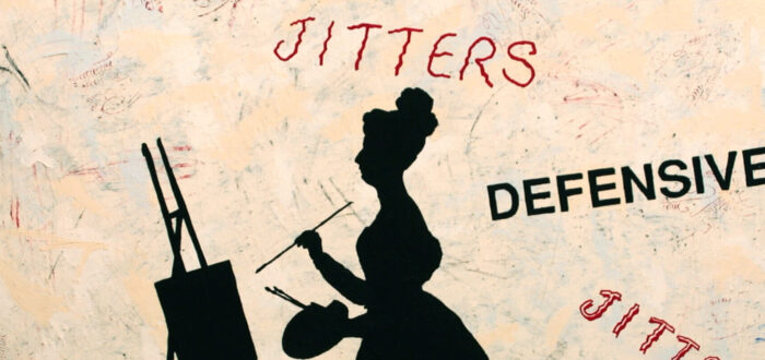 A silhouette of a woman painting and several words in red and black. The words include "Defensive" and "Jitters", repeatedly painted onto the surface.
