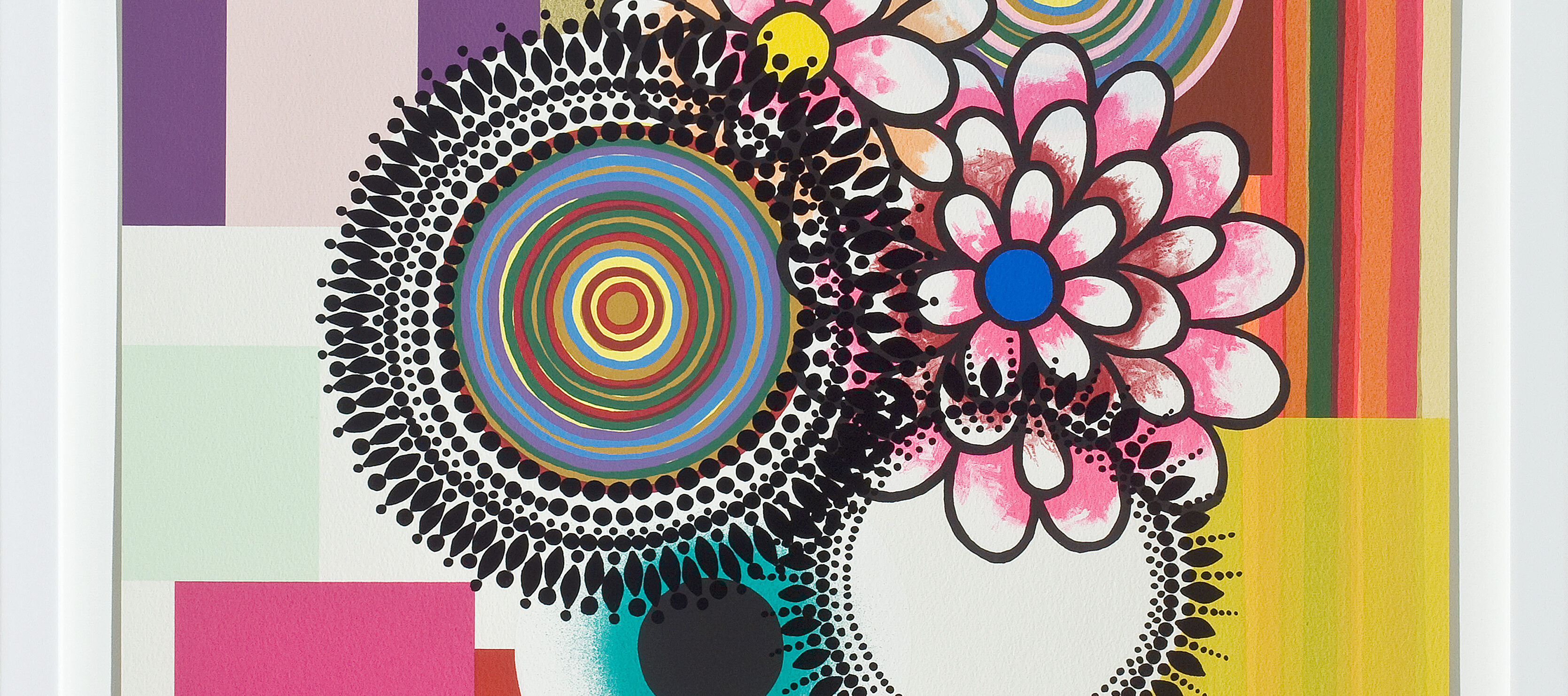 A square, vibrant print with colorful pink flowers and colorful, mandala-like circles against a geometric background of different colored rectangles and vertical stripes.