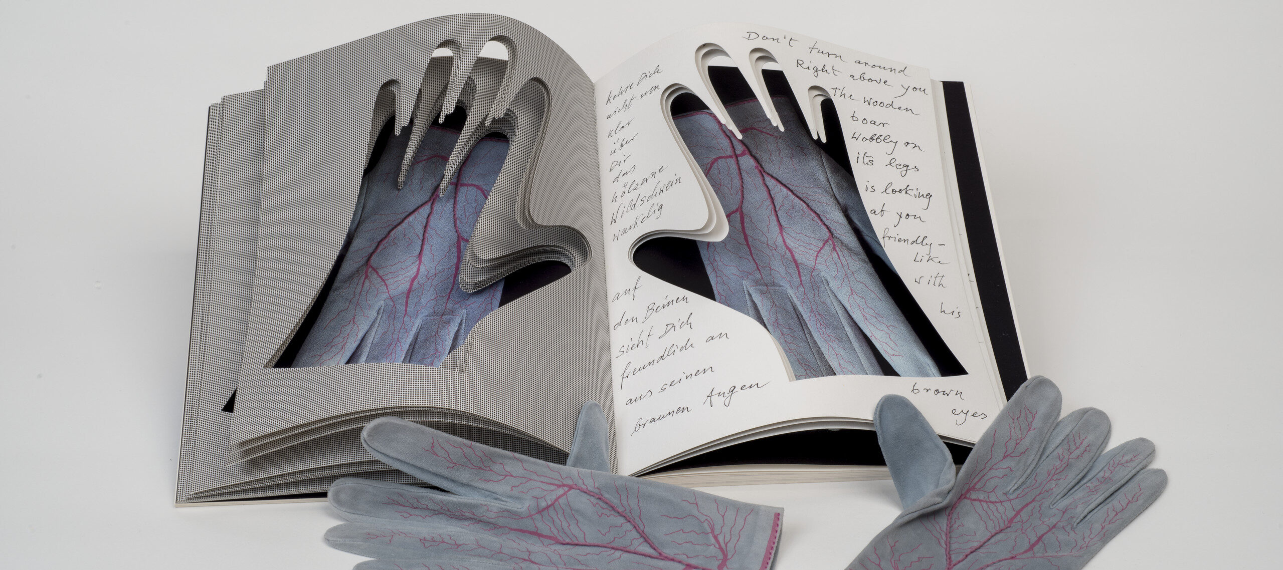 An open book into whose pages the shapes of hands have been cut. Gray gloves painted with red veins are visible through the cutouts. An identical pair of gloves rest next to the book.