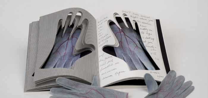 An open book into whose pages the shapes of hands have been cut. Gray gloves painted with red veins are visible through the cutouts. An identical pair of gloves rest next to the book.