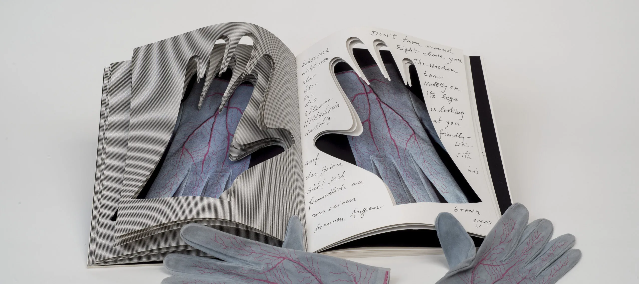 An open book into whose pages the shapes of hands have been cut. Gray gloves painted with red veins are visible through the cutouts. An identical pair of gloves rest next to the book.