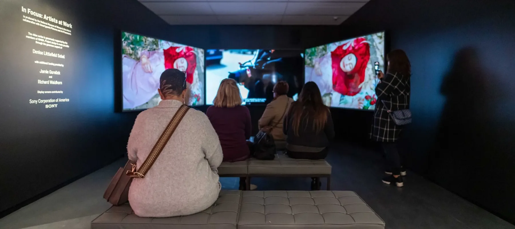 Several people are sitting in a dark room in front of three screens. There is a woman in a bright red headscarf lying on grass on the two outer screens. On the dark left wall, it says in big white letters: "In Focus: Artists at Work."