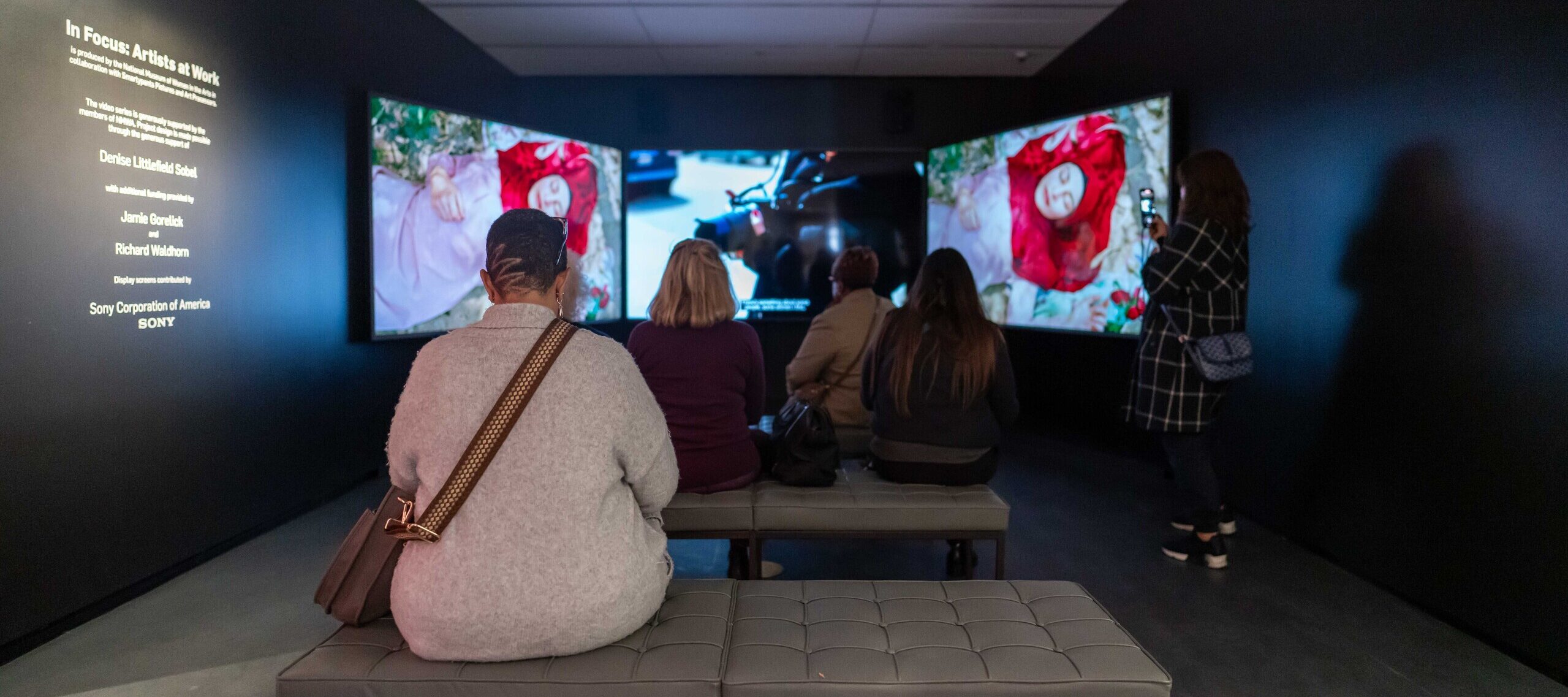 Several people are sitting in a dark room in front of three screens. There is a woman in a bright red headscarf lying on grass on the two outer screens. On the dark left wall, it says in big white letters: 