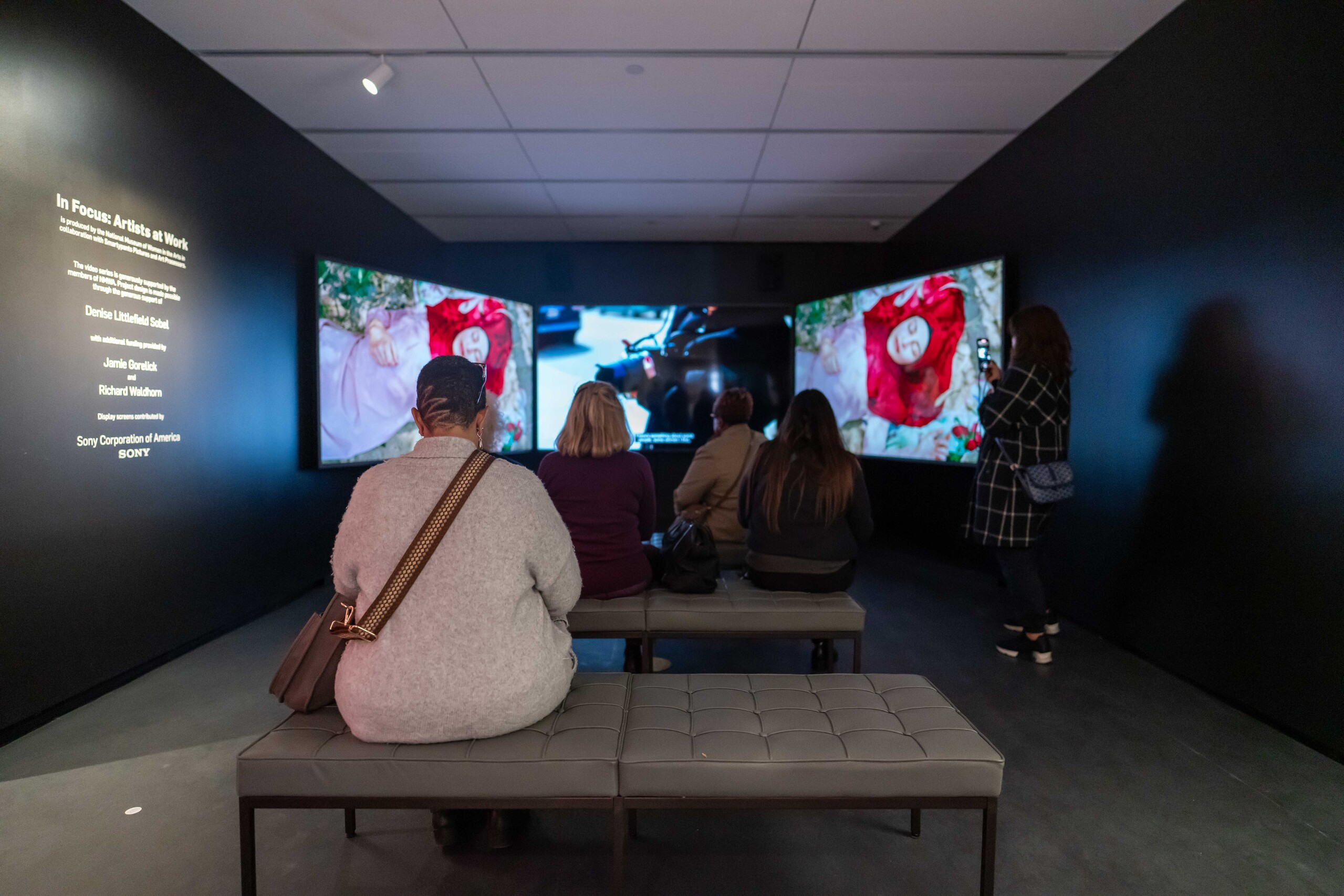 Several people are sitting in a dark room in front of three screens. There is a woman in a bright red headscarf lying on grass on the two outer screens. On the dark left wall, it says in big white letters: "In Focus: Artists at Work."