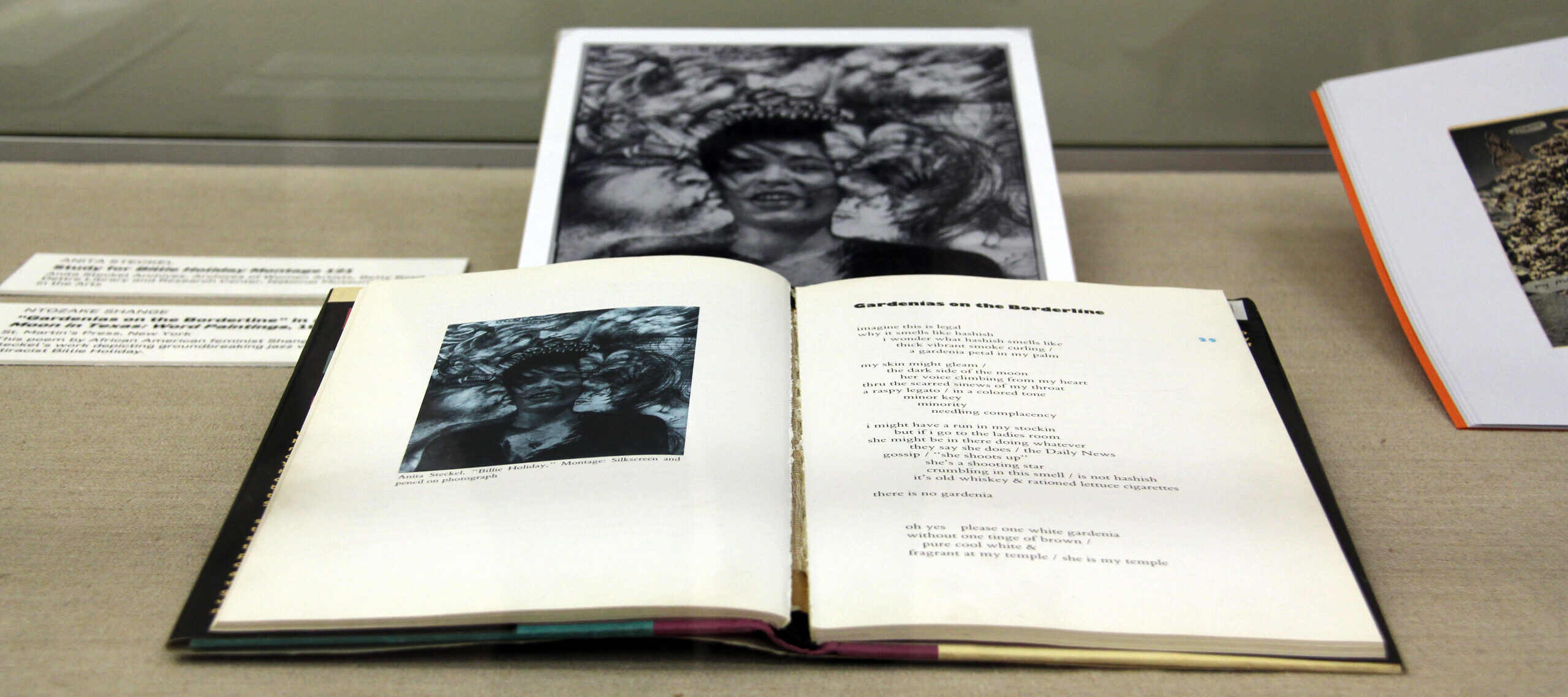 A book is lying in a glass case. The book shows text and a black-and-white photographic portrait of a woman's face.