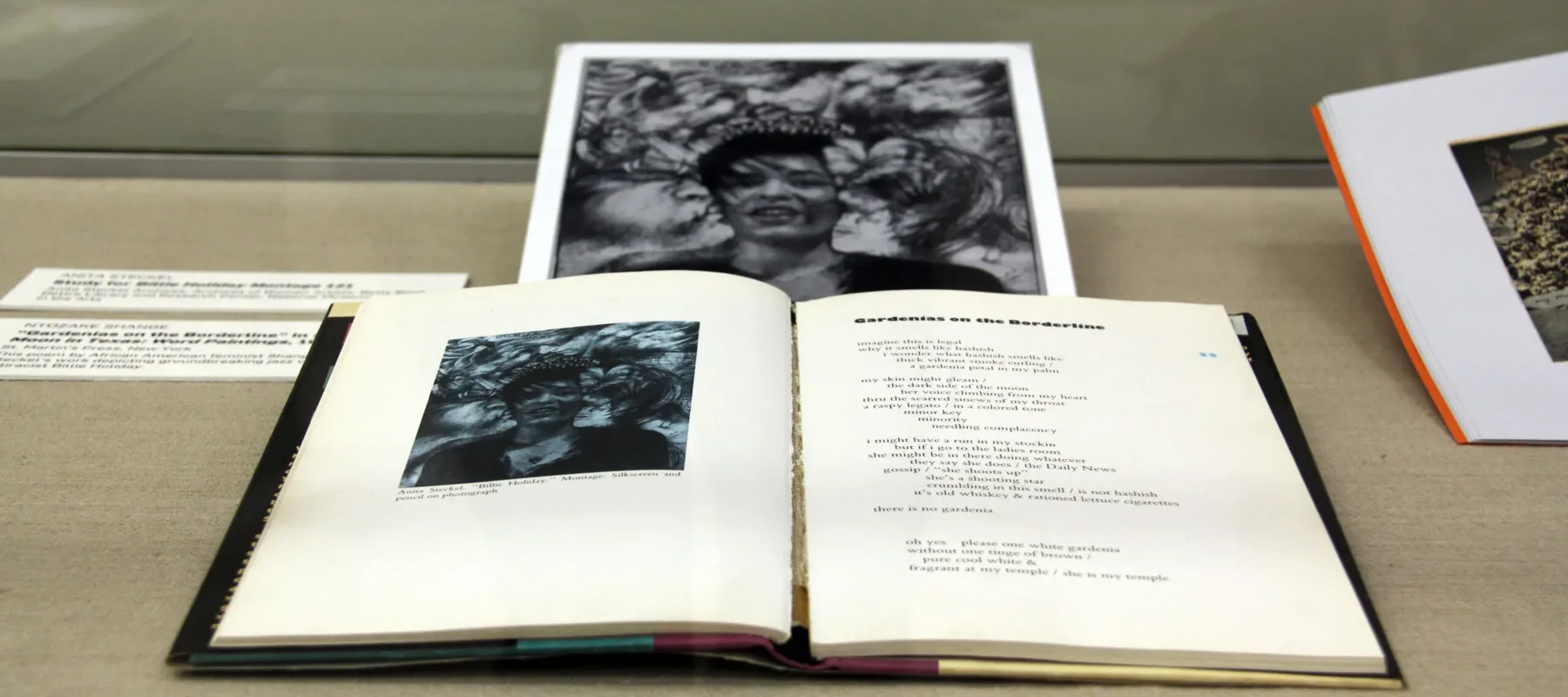 A book is lying in a glass case. The book shows text and a black-and-white photographic portrait of a woman's face.