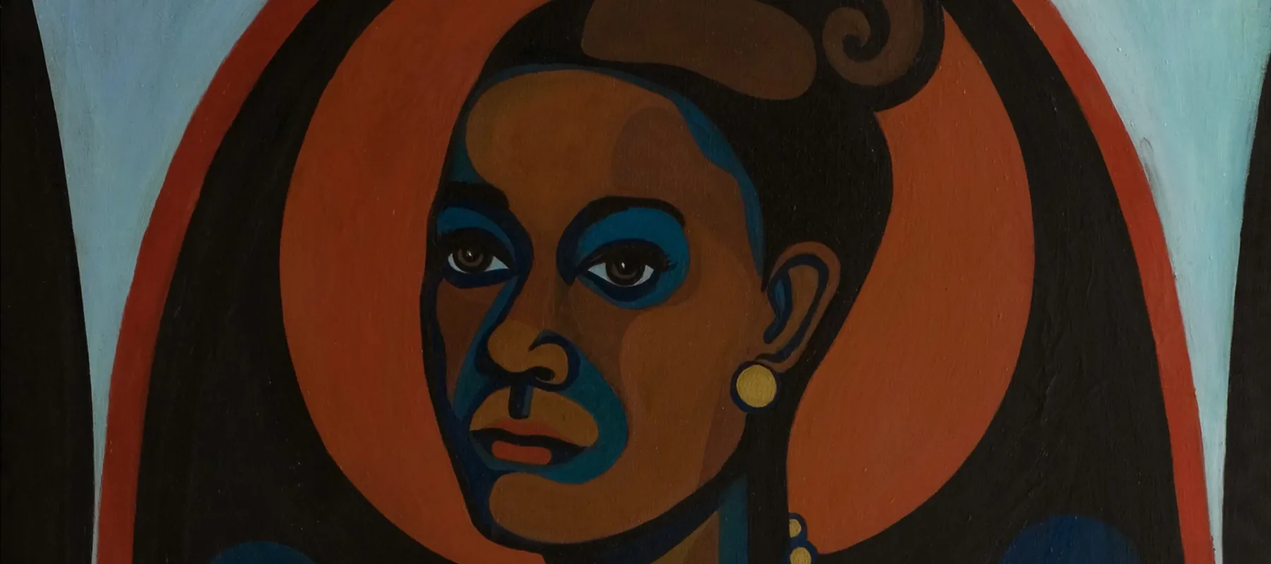 Modernist portrait of a dark-skinned woman with her hair styled in a 1960's updo, wearing pearl earrings and a pearl necklace. In a style akin to Cubism, solid-colored shapes in browns, blues, black and orange, are arranged to create the overall image.